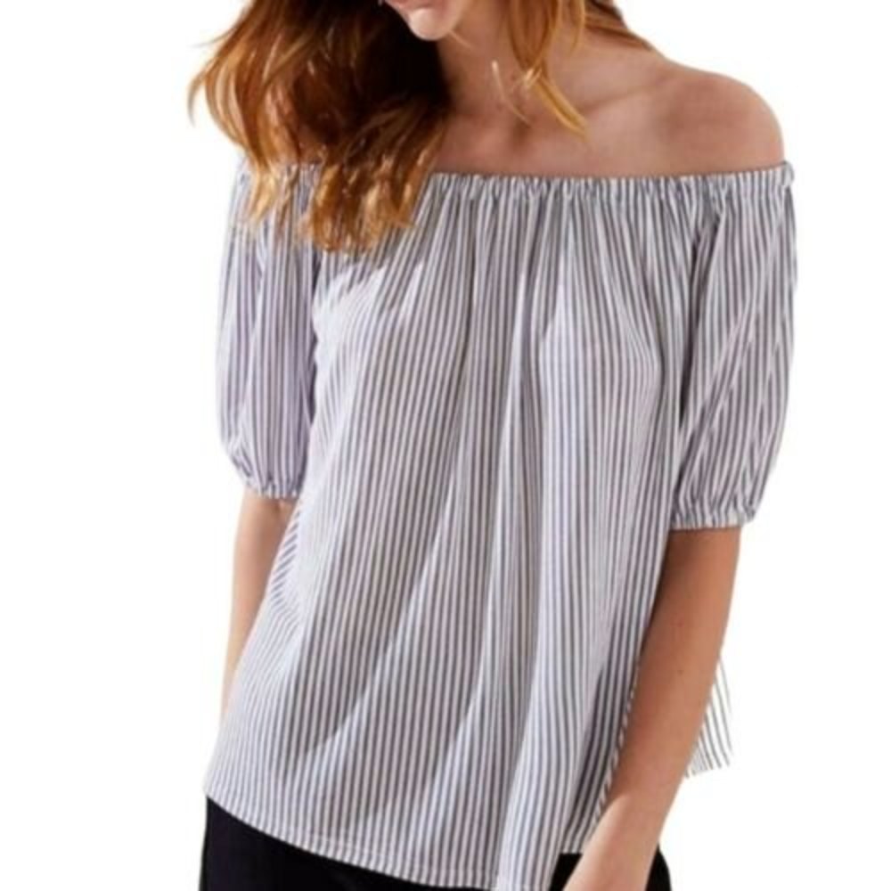 LOFT Blouse Medium Navy Blue Pinstripe Off the Shoulder Puff Sleeve Striped Top